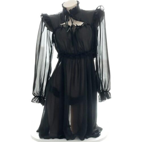 Fashion French Women Chiffon Nightdress Set Sexy Semi-transparent Pajamas Lolita Girls Long Sleeve Homewear Maid Outfit