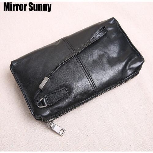 Mens Handbag Male Large Capacity Retro Leisure First Layer Cowhide Genuine Leather Long Wallet Soft Leather Mobile Phone Bag