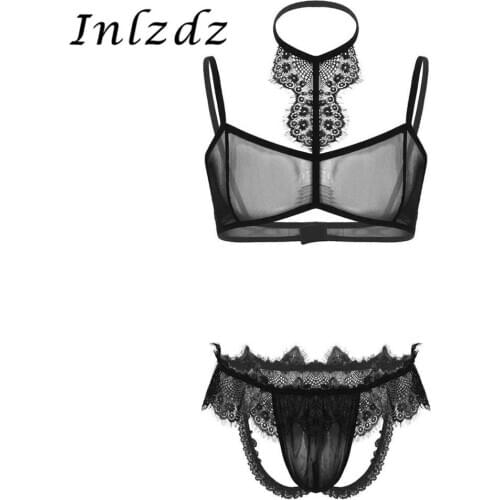 Mens Sissy Crossdresser Lingerie Set See Through Sheer Mesh Lace Trim Halter Neck Hot Bras Top with Open Butt Brief Underwear