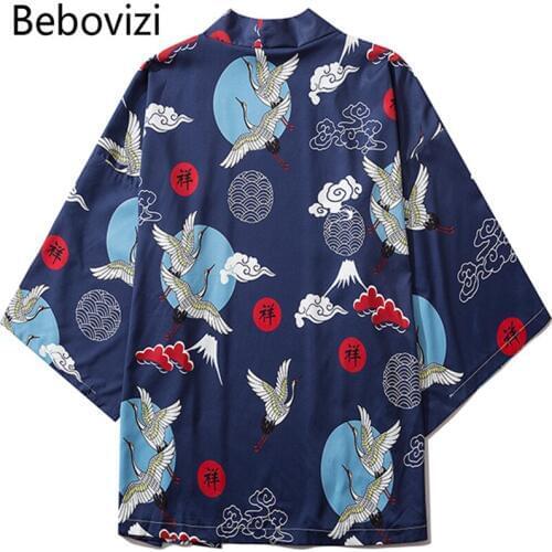 Bebovizi China Style Xiangyun Crane Print Streetwear Kimono Cardigan Robe Summer Men Women Haori Obi Japanese Tradition Clothing