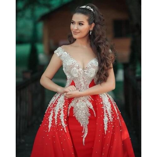 Formal Red Arabic Engagement Dress Evening Wear Crystal Beaded Off the Shoulder Mermaid Prom Gowns 2021 Sequin robe de soirée