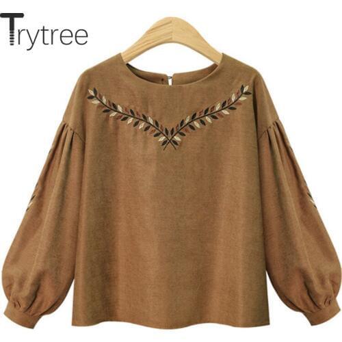 Trytree 2020 Autumn Winter Women Fashion Sweatshirts Casual O-neck Lantern Sleeve Embroidery Brown Loose Thick Sweatshirts Tops