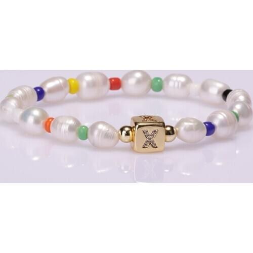 Personalized Bracelet A-Z Letter White CZ 26 Initials Pendant Natural Freshwater Pearl Beaded Charms Unisex Bangle For Gift