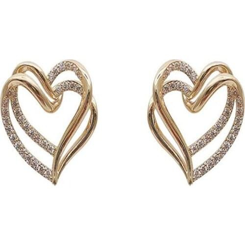 Simple Temperament Double Crystal Heart Earrings Romantic Wedding Womens Gold Stud Earrings Fashion Jewelry Gifts