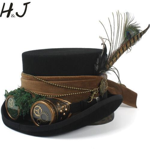 4 Size Wool Women Men Black Top Hat Magician Steampunk Fedora With Gear Glasses Cosplay Steam Punk Halloween Party Caps