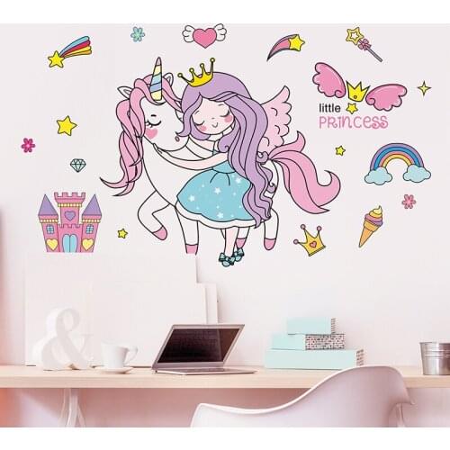 [shijuekongjian] Unicorn Animal Wall Stickers DIY Cartoon Girl Wall Decals for Kids Bedroom Baby Room Home Decoration
