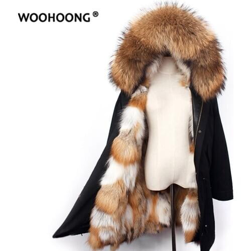 Winter Real Fur Parker Women Red Fox Coat Removable Natural Raccoon Hat Waterproof Fashion Warmth Overcoat Customized Large Size