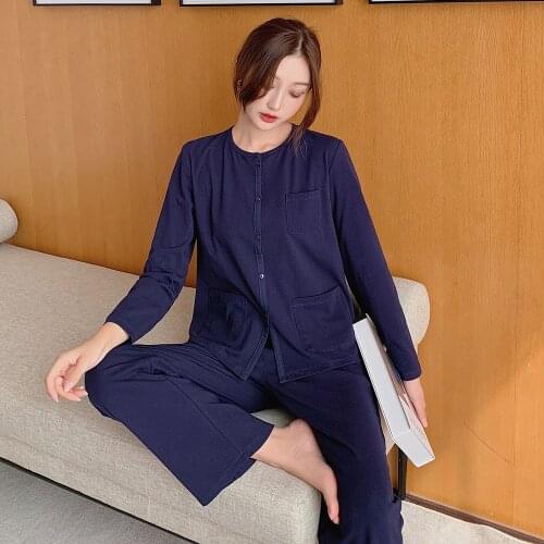 Japanese Simple pure cotton women pajamas sets Korea elegance O-neck long sleeve trousers sleepwear women pyjamas 99117