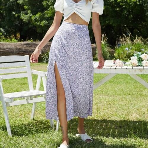 Summer Women High Waist Floral Print Midi Skirt Female Casual Beach Split Skirts Boho Sweet Holiday Bottoms 2021