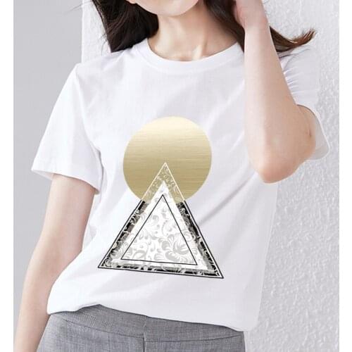 Womens T-shirt Basic Casual Slim British Style Top Creative Design Geometric Pattern Print Round Neck Short Sleeve Soft Top