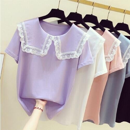 Short sleeve T-shirt womens summer dress lace up tops loose shirt ruffled collar casual sweety clothes female cotton patchwork