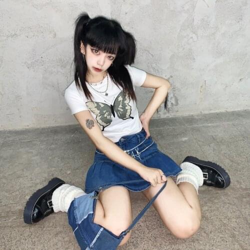 Y2k e girls streetwear women t shirt sexy gothic butterfly print femme t-shirt harajuku kawaii short female clothes tee tops