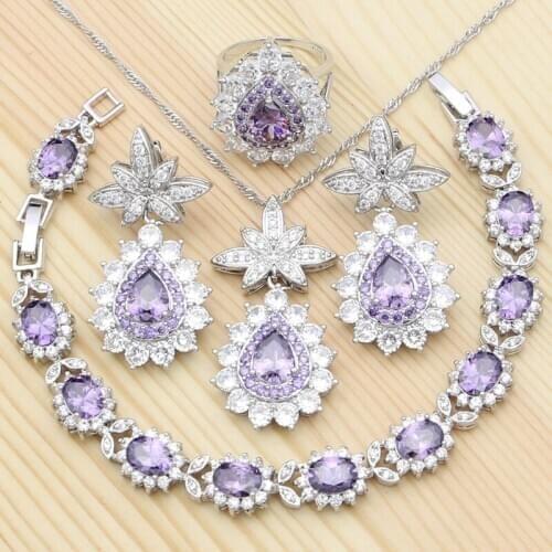 Pineapple Shape 925 Silver Jewelry Sets Purple Cubic Zirconia Ring Bracelet Pendant Necklace Earrings For Women Party Accessory