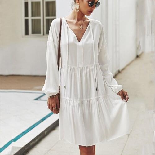 Casual Loose Dress For Woman Autumn Long Sleeve Fashion Party Lace Up V-neck Vintage Women Clothes Robe Femme 2021 Green