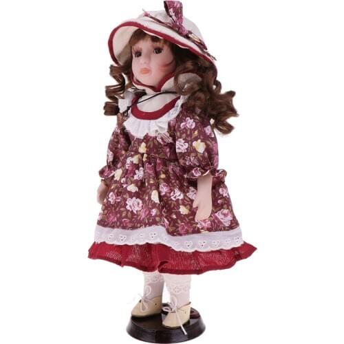 30cm Lovely Porcelain Girl Doll with Floral Clothes & Stand Home Display Decor Gift