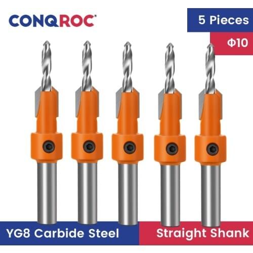 5 Pieces YG8 Carbide Steel Countersink Drill Bits Tapered Hole Drill Cutting Diameter 10mm for Wood Screws
