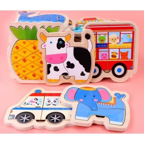 Wooden 3D Puzzle Kids Toy Jigsaw Tangram For Baby Cartoon Animal Traffic Vegetable Fruit Intelligence Educational Children Toys