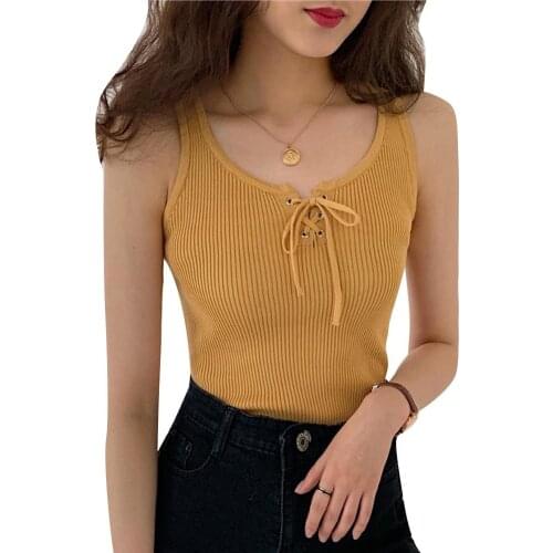 Women Ribbed Sleeveless Scoop Neck Front Drawstring Knit Tank Top Bottoming Vest футболка женская лето летний укороченый топ