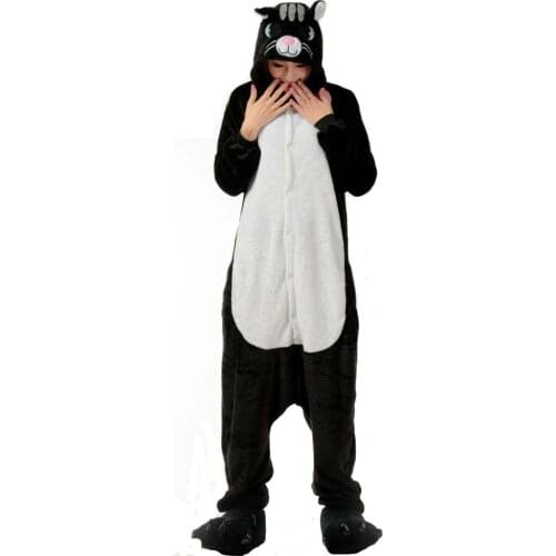 Flannel Black Cat Pajamas Adult Onesies Animal Kigurumi For Women Sleepwear Men Cosplay One-Piece Pyjamas Halloween Costume