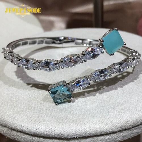 Jewepisode 100% 925 Sterling Silver Created Moissanite Paraiba Tourmaline Bangle Charm Bracelets for Women Wedding Fine Jewelry