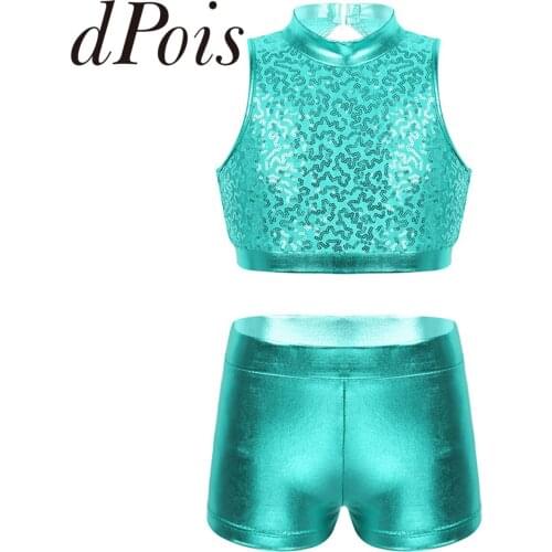 2pcs Girls Workout Gym Outfit Sleeveless Cutout Back Metallic Sparkly Sequins Crop Top + Bottoms Kids Hip Hop Jazz Tap Dance Set