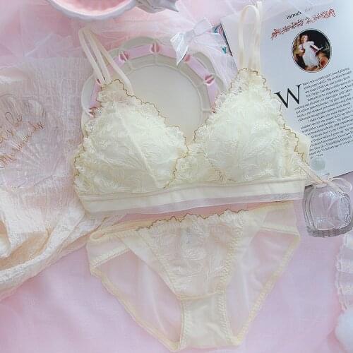 Lace Underwear flower gathered lingerie panties set no steel ring girl sexy ultra-thin deep v comfortable sweet bra brief sets