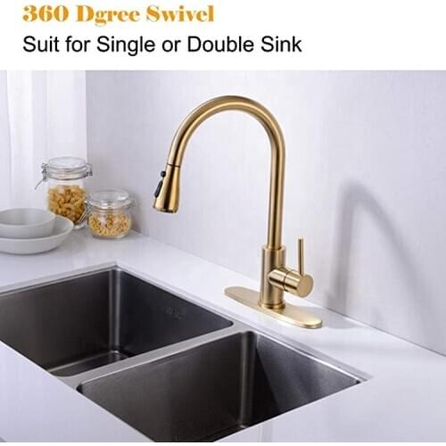 Brushed gold Hot Sale Deck Mounted SUS304 Stainless Steel Single Handle Pull Out Down Mixer Taps Sink Gold Kitchen Faucet