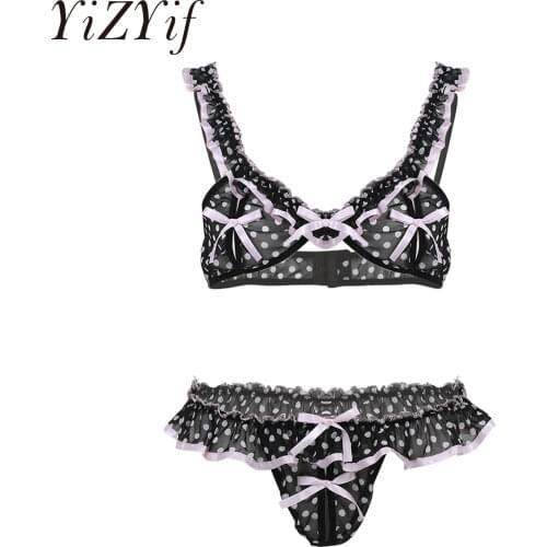 YiZYiF Ruffled Men Sissy Bra Top with THONG panties Chiffon Elastic Frilly Spots Lingerie Crotchless T-Back polka dot Underwear