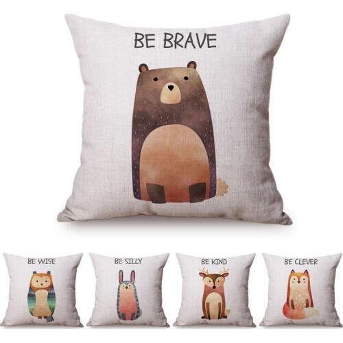Cute Watercolor Animal Guidance Letter Style Sofa Cushion Cover Fox Rabbit Kids Nursery Art Room Decorative Throw Pillow Cover