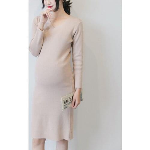 Autumn Spring New Maternity Knit Dress Mid-Length Pregnant V-Neck Sweater Inside And Outside Wear Mid-Length Base Dress
