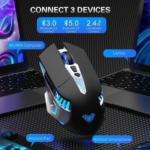Rechargeable Gaming Mouse with Side Buttons 3 Modes (BT5.0, BT3.0 and 2.4G) Ergonomic Mause for PC Laptop