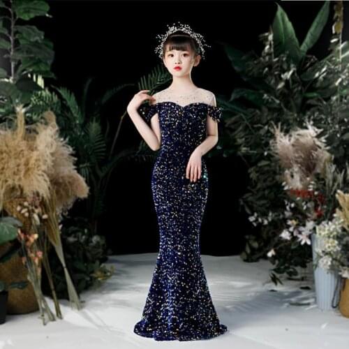 Sexy sequins stitching evening dress Kids Catwalk Mermaid princess dress birthday party dress for girls vestidos Y3126