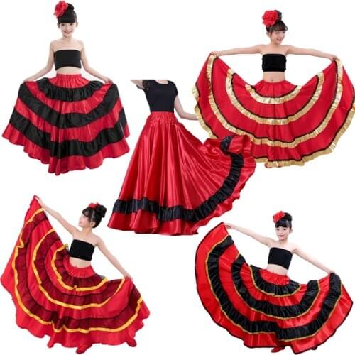 Princess Girls Spanish Flamenco Dance Costumes Skirt Red and Black Gypst Style Ballroom Belly Dance Dress for Kids Girls