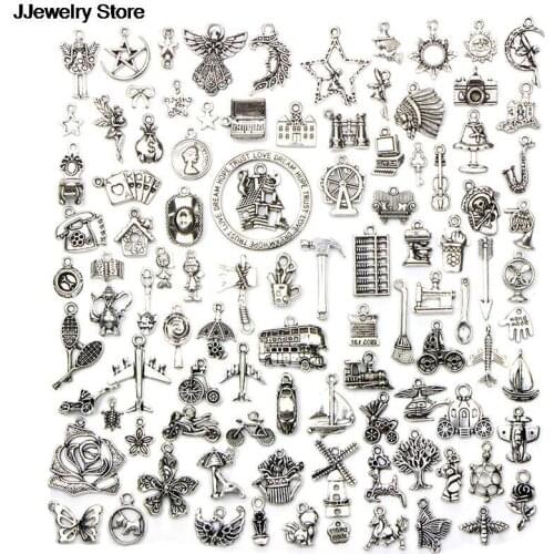100 Pcs/Set Lots Tibetan Mixed Styles Charms Pendants DIY Jewelry For Necklace Bracelet Making Accessaries Silver Plated
