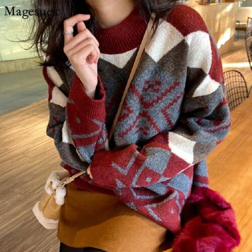 Casual Knitwear Jumper Sweater Women Autumn Winter Vintage Plaid Sweater Pull Femme Thick Loose Pullover Womens Sweaters 16473