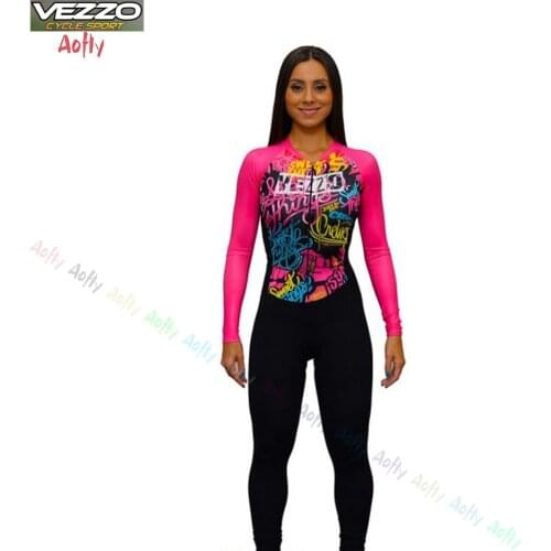 VEZZO Professional Long Triathlon Clothing Cycling Skinsuit Sets Conjunto Feminino Ciclismo Gel Pink Pad Jumpsuit Kits Mujer