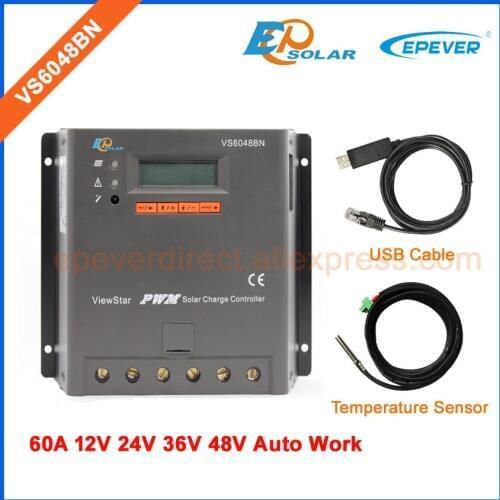 Charger regulator PWM EPEVER Solar panels system 12V/24V/36V/48V work VS6048BN 60A 60amps lcd display Temp sensor&USB cable