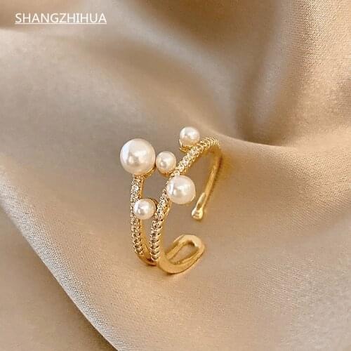 Luxurious and Exquisite Double-deck Pearl Gold Adjustable Ring For Woman Gothic Jewelry Korean Fashion Girls Unusual Accessories