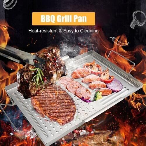 BBQ Grill Pan Non-stick Stainless Steel Barbecue Trays Portable Camping Grill with Handle BBQ Tools Wooden Spatula