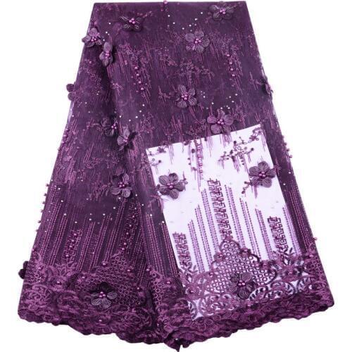 Dark Purple Nigerian Bridal Lace Fabric High Quality African 3D Flowers Lace With Beads French Net Lace Fabric For Dress S1477