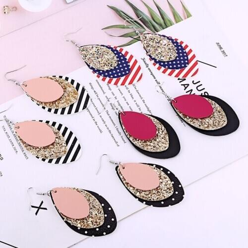 Three Layers Leather Glitter Stripe Teardrop Earrings Flag Leather Earrings Leaf Drop Earrings boucle d'oreille ethnique