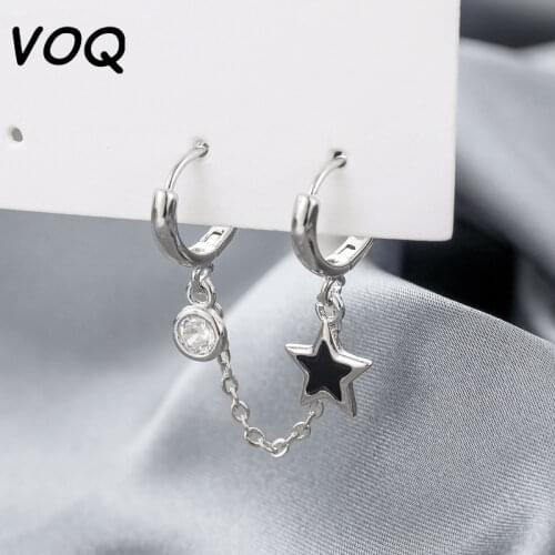 VOQ 925 Sterling Silver Double Ear Hole Hoop Earring Zircon Glaze Star Tassel Chain Earrings For Women