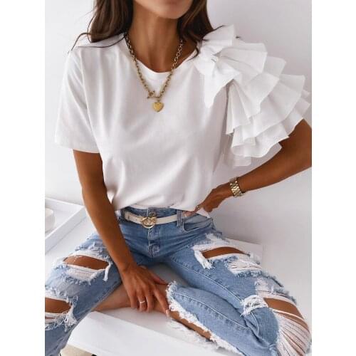 2021 New Style Women Summer Loose T-shirt Ladies Elegant Solid Color Short Ruffle Sleeve Round Neck Pullover Blouse