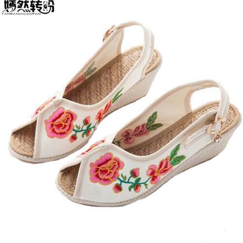 Womens Sandals Peep Toe Linen Shoes Slingback Wedge Retro Summer Med Heel Soft Cotton Embroidered Sandalia Feminina