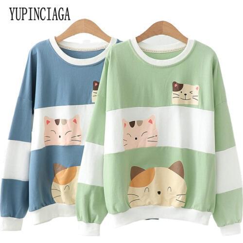 Womens Cartoon Print Patchwork Hoodies Cute Cat Sweatshirt 2020 Spring Long Sleeve O-Neck Casual Loose Femme Harajuku Pullovers