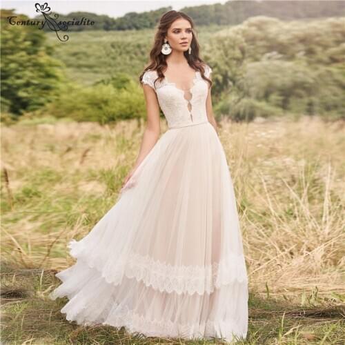 Boho Wedding Dresses Beach Bride Dress for Women Lace V-Neck Cap Sleeve A-Line Bridal Gowns Bohemian Vestido De Noiva