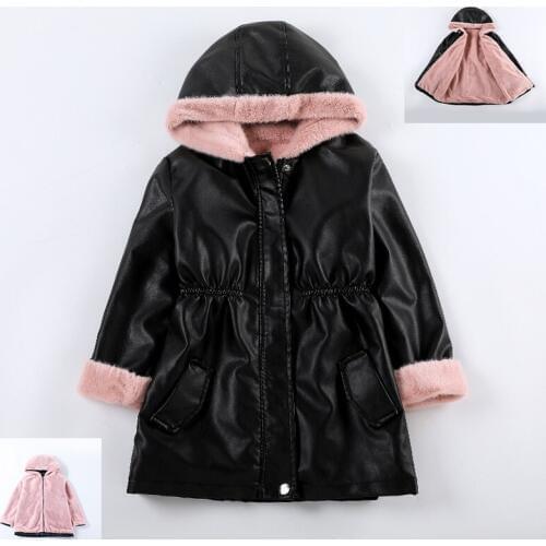 Winter Velvet Girls Jackets Coats Autumn Korean Childrens Warming Cotton PU Leather Jacket For 3-14Y Kids Long Overcoats