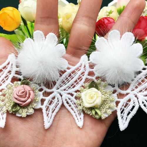 10X White 3D Pompom Cotton Leaves Gold Flower Lace Trim Ribbon Latest Fabric Embroidered Wedding Dress Applique Sewing Craft