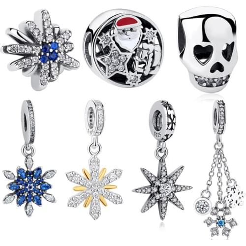 2019 New Fashion 925 Sterling Silver Blue Clear CZ Snowflake Pendant Charms Beads Christmas Charms fit Pandora Jewelry Making