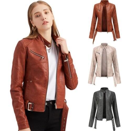 2021 Design New Women Stylish Zipper Belt Short Slim Jacket Outwear Solid Pu Leather Spring Autumn Chic Casual Coat